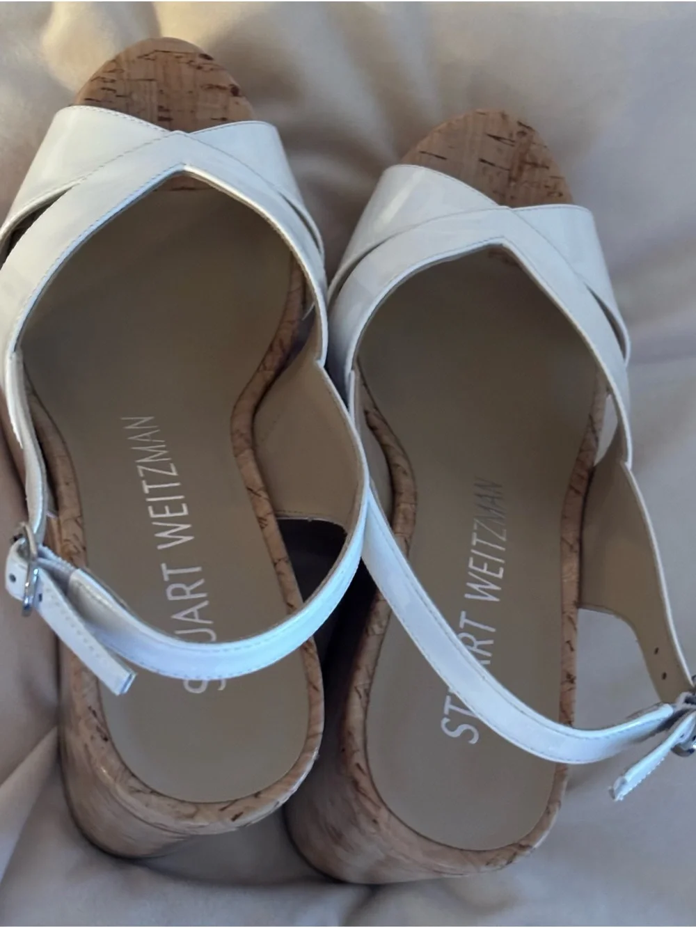 Stuart Weitzman White Patent Cork Platform Wedges - Picture 8 of 14